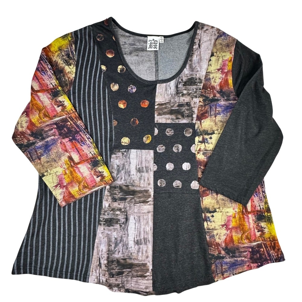 Parsley & Sage Womens 1X Patchwork Top Mixed Media Abstract 3/4 Sleeve Tunic